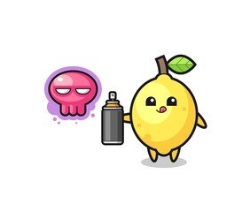 lemon cartoon make a graffiti with a spray paint