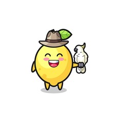 lemon zookeeper mascot with a parrot