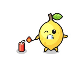 lemon mascot illustration playing firecracker