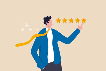 Customer feedback 5 stars rating, best quality, excellence high performance evaluation, positive ranking or business reputation and satisfaction concept, confidence businessman giving 5 stars rating.