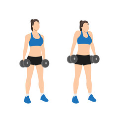 Fototapeta na wymiar Woman doing Dumbbell shrugs exercise. Flat vector illustration isolated on white background
