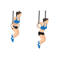 Woman doing Gymnastic ring dips exercise. Flat vector illustration isolated on white background