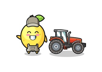 the lemon farmer mascot standing beside a tractor