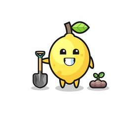 cute lemon cartoon is planting a tree seed