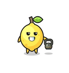 lemon mascot lifting kettlebell in the gym