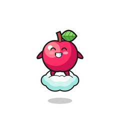 cute apple illustration riding a floating cloud