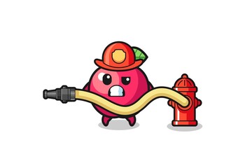 apple cartoon as firefighter mascot with water hose