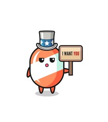 candy cartoon as uncle Sam holding the banner I want you