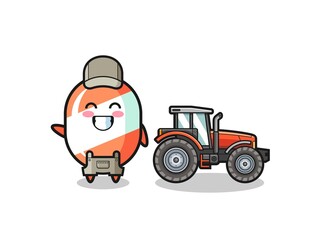 the candy farmer mascot standing beside a tractor