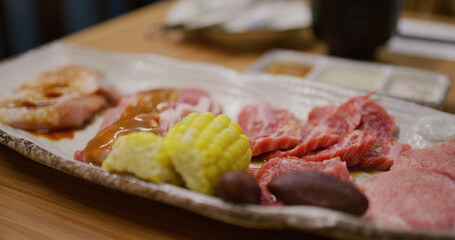 Japanese style bbq Yakiniku with Wagyu beef sliced