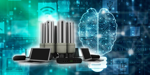 3d rendering computer modem wifi network with cfl bulb