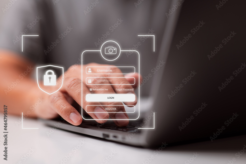 Poster Login, User, identity information security and encryption, secure access to user's personal information, secure Internet access, cybersecurity are all terms when thinking about cyber security.