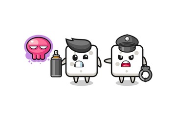 sugar cube cartoon doing vandalism and caught by the police