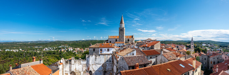 View on the medieval village Buje in Croatia with the Parish church of St. Servulus. Buje is also known as the "sentinel of Istria" for its hilltop site, Istria, Croatia 