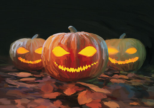 Acrylic painting of Scary pumpkin at Halloween in autumn. Digital art illustration.