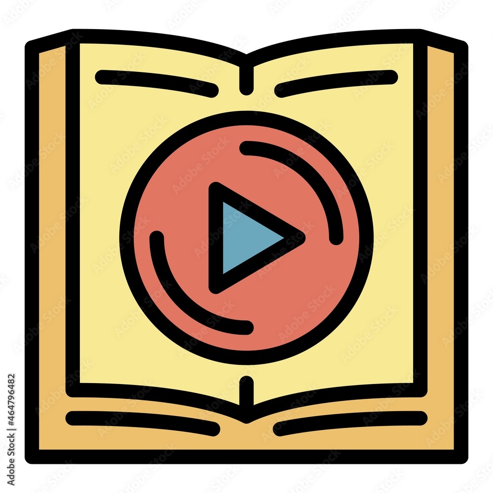Aufkleber book and play button icon. outline book and play button vector icon color flat isolated