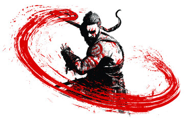 Fototapety  A muscular Viking makes a furious backhand blow with his axe, leaving a bloody splash in the air in the form of an arc, tattoos on his body, he is a bearded warrior, on a white background. 2d art