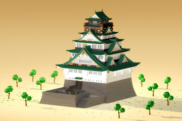 Obraz premium Isometric model of Osaka Castle in summer at evening, 3D rendering