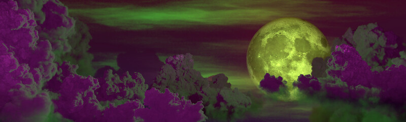 backdrop - panoramic big cumulus clouds and moon - design nature 3D rendering