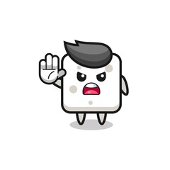 sugar cube character doing stop gesture
