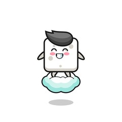 cute sugar cube illustration riding a floating cloud