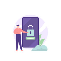 concept of security and protection system. illustration of people, padlocks, passwords, smartphones. mobile security application. People use apps to protect data on their cellphones. flat cartoon