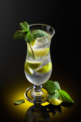 Cocktail with ice, lime, and mint.