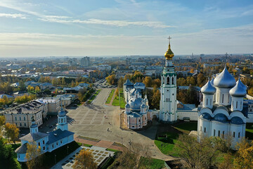 autumn vologda kremlin, drone top view, russia religion christian church