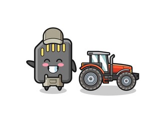 the memory card farmer mascot standing beside a tractor
