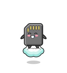 cute memory card illustration riding a floating cloud