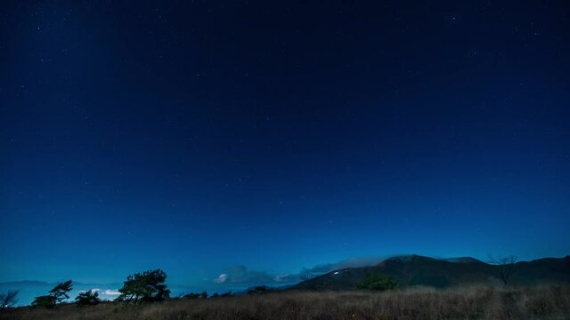 Stars and clouds that spring up in the summer night sky of Takabotchi Plateau in Nagano, Japan