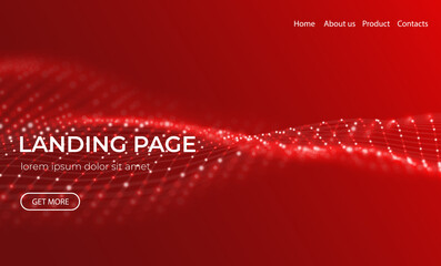 Abstract landing page background with red particles. Flow wave with dot landscape. Digital data structure. Future mesh or sound grid. Pattern point visualization. Technology vector illustration.
