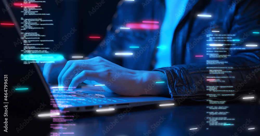 Poster business man using computer hand close up futuristic cyber space and decentralized finance coding ba