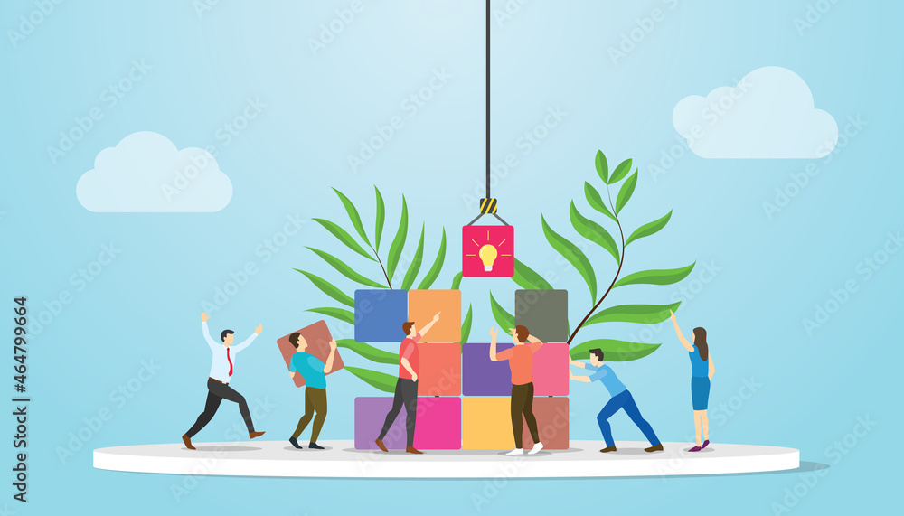 Poster problem solving concept with teamwork people arrange puzzle with modern flat style