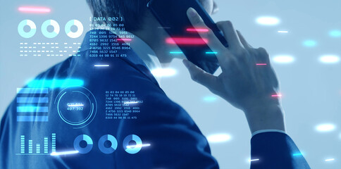 Business man talking on mobile phone futuristic interface data analytic graph chart background, finance online network communication digital world technology