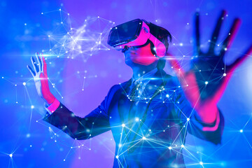 Metaverse digital cyber world technology, man with virtual reality VR goggle playing AR augmented reality game and entertainment, futuristic metaverse gameFi NFT game ideas