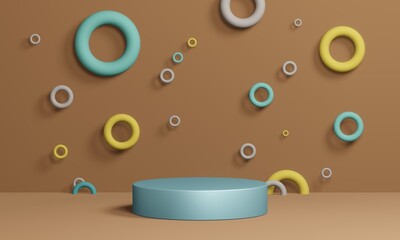 Single blue cylinder against a light brown background with randomly located rings of various diameters and colors. 3d render.