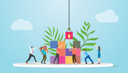 problem solving concept with teamwork people arrange puzzle with modern flat style