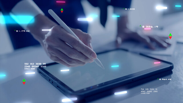 Smart businessman hand close up NFT financial data on tablet futuristic stock chart graphic, Business investor stock exchange market and crypto currency digital technology data analytics