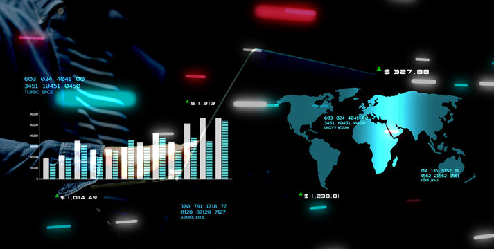 Business man using computer hand typing keyboard futuristic interface world map corporate data analytics graph chart blockchain, NFT, finance, online, digital world, metaverse technology - Powered by Adobe