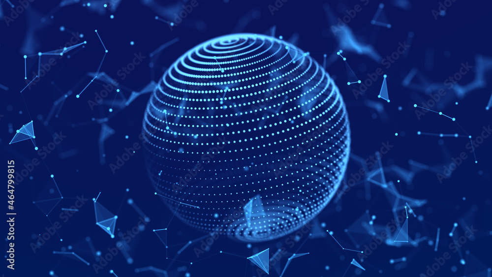 Poster abstract 3d sphere. mesh of sphere with points on dark background. science and technology. 3d