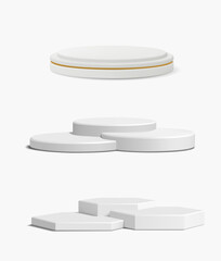 Set of white podiums. Realistic vector illustration. White round podiums for mockups.