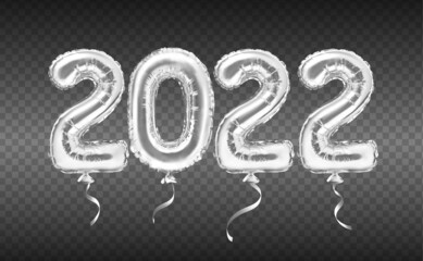 2022 silver decoration holiday on transparent background. Silver foil balloons numeral 2022. Realistic 3d vector illustration