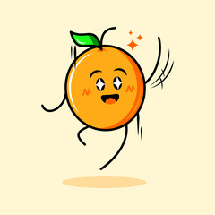 cute orange character with happy expression, sparkling eyes and jump. cartoon, emoticon, modern, fresh, outline and mascot logotype. suitable for logo, icon and sign