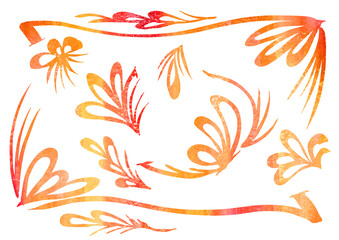 Fototapeta premium Watercolor vintage abstract colorful pattern artistic multicolor Set of elements in the style of line art wedding theme on a white background for your design. Doodle and scribble. colorful orange