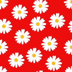  White chamomile flower on a red seamless background, pattern for textiles.