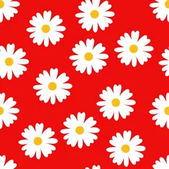 Wall murals Red  White chamomile flower on a red seamless background, pattern for textiles.