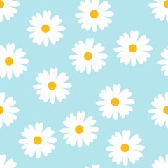 Fototapeta premium Chamomile seamless pattern against blue background. Floral print with white flowers. Vector background for trendy fabrics, wallpapers.