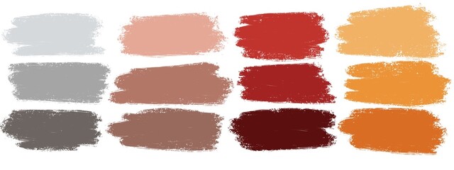 Multicoloured textured colouring palette. Grey, pink, red and orange tones. Autumn colours. Abstract brush strokes.