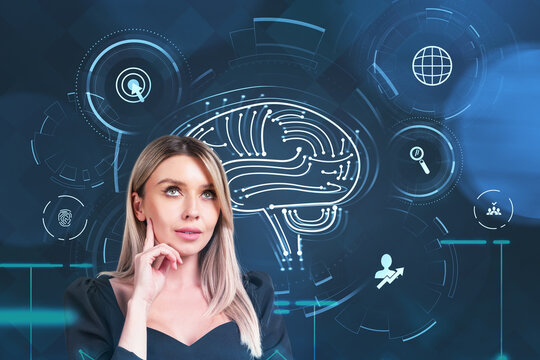 Businesswoman thinking, hologram of brain with network signs - Powered by Adobe
